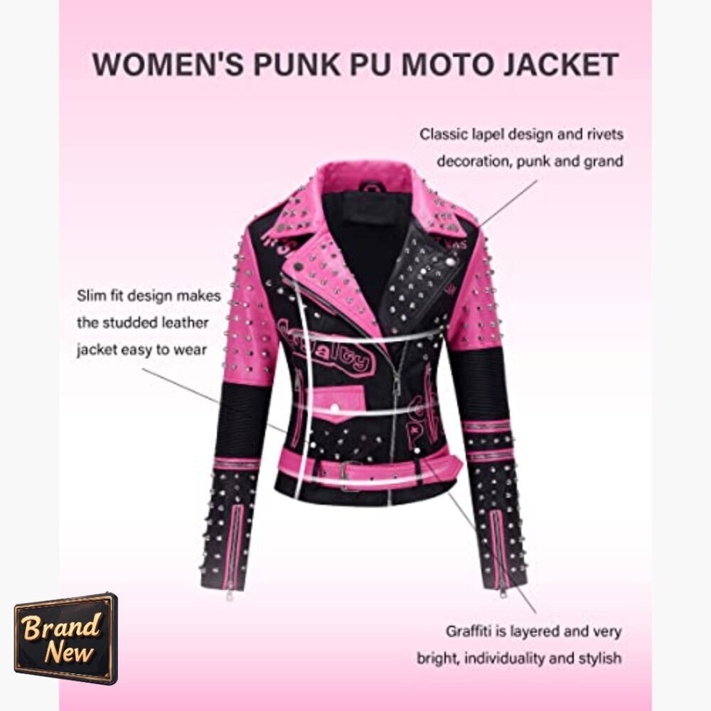 Faux Leather Moto Jacket with Studded Rivets, Belted Hip-Length Streetwear - Picture 5 of 7